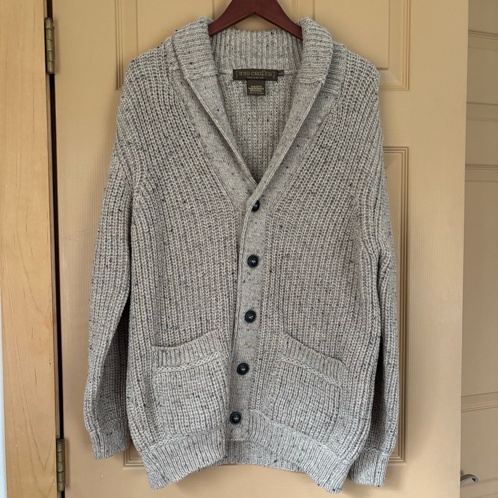 INIS CRAFTS | Beige Irish Cozy Wool Fisherman Knit Cardigan Sweater | Size L